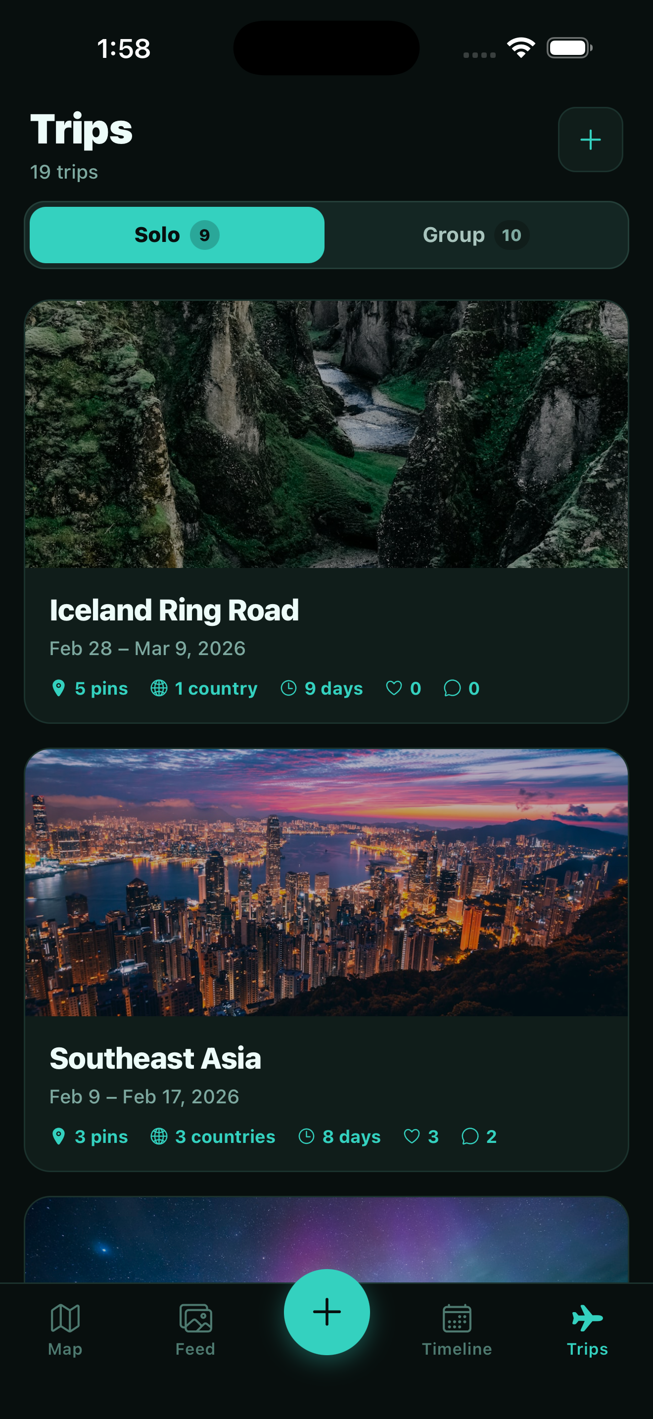Trips list showing solo and group adventures
