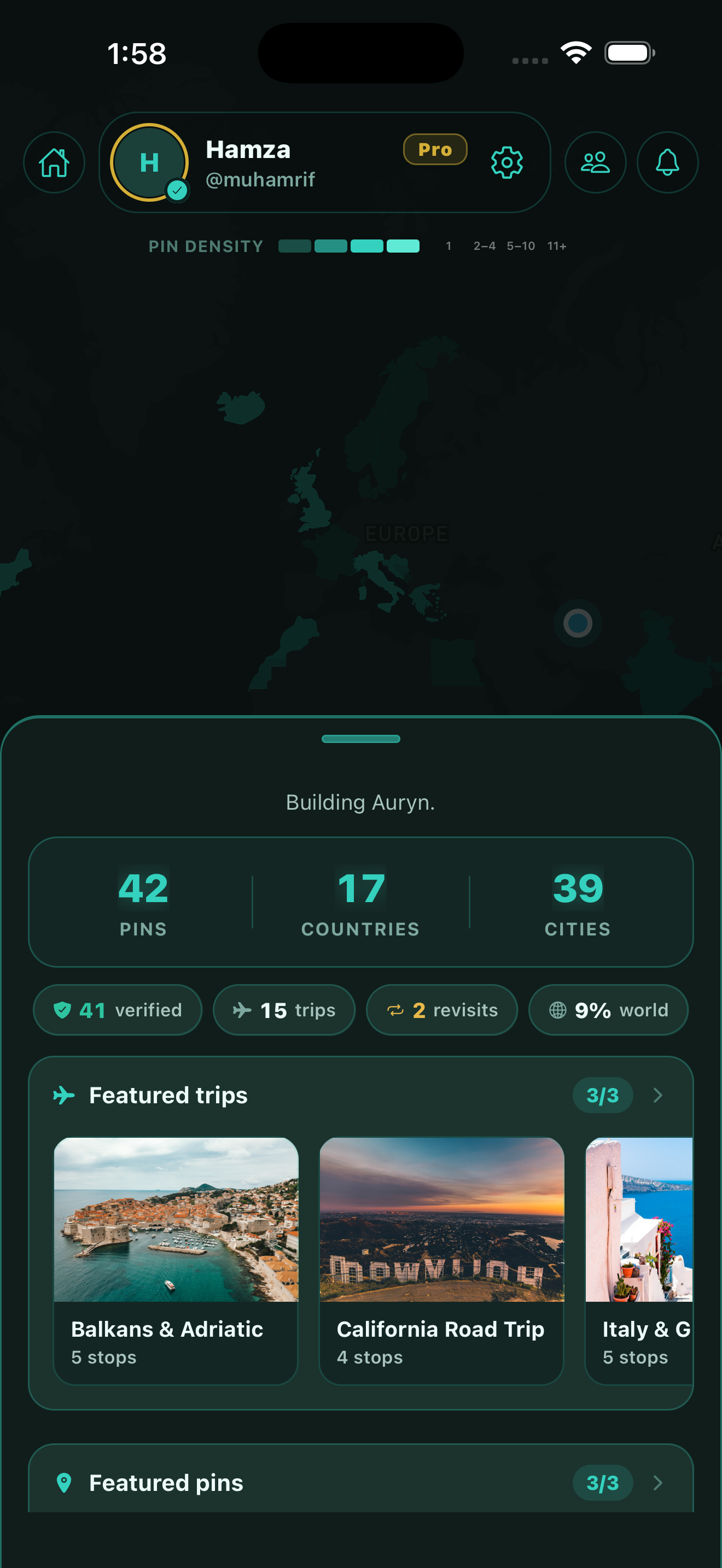 Profile screen with travel stats, featured trips, and badges