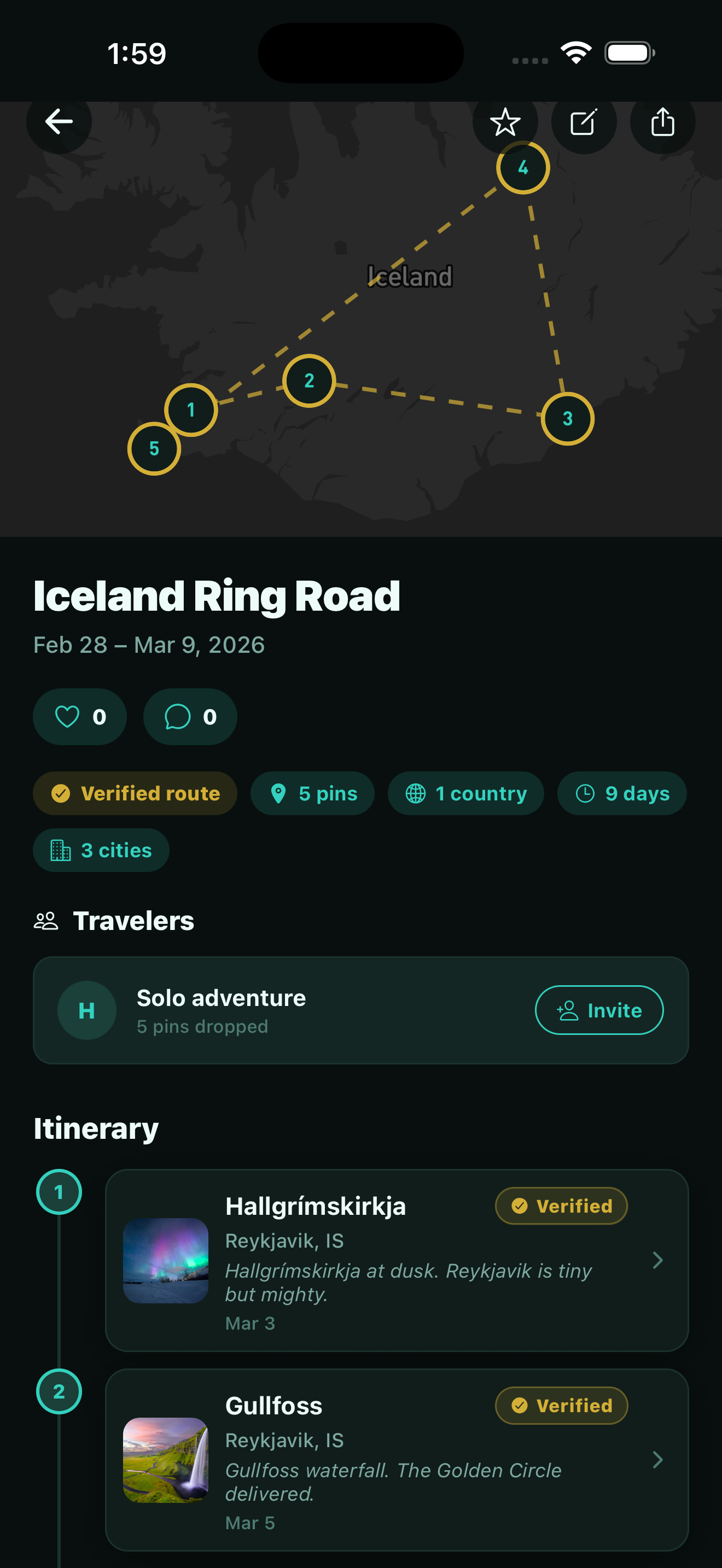 Iceland Ring Road trip detail with route map and itinerary